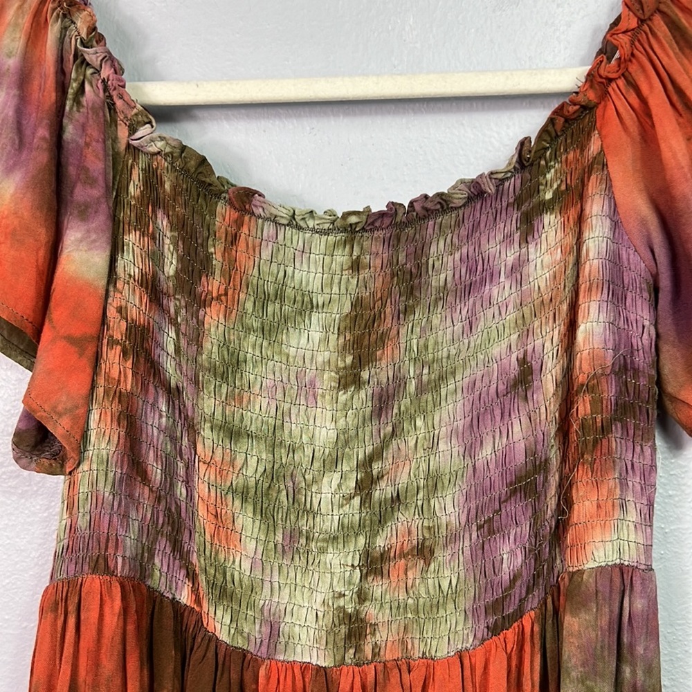 NWT Entro Tie Dye Off the Shoulder Smocked Bodice Boho Dress Large - Picture 8 of 10